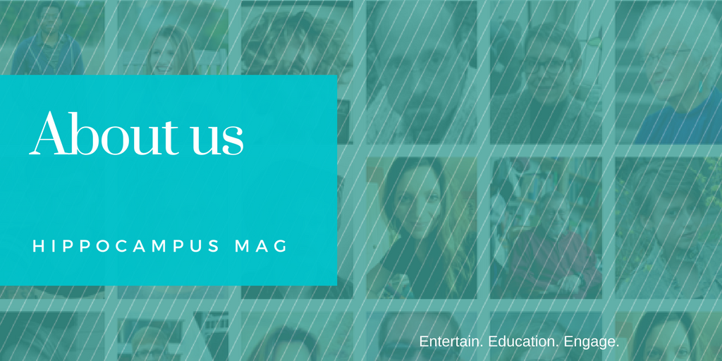 banner that says about us with faded collage of contributors in back