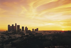 los angeles skyline at dusk 