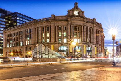 boston south street station from distance at dusk