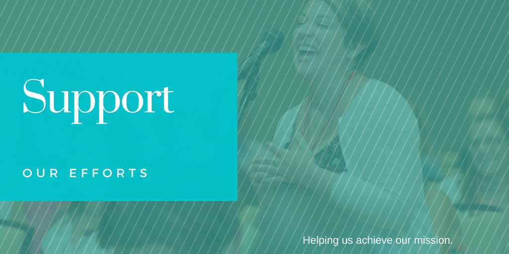 support us in text over banner featuring a woman at mic laughing