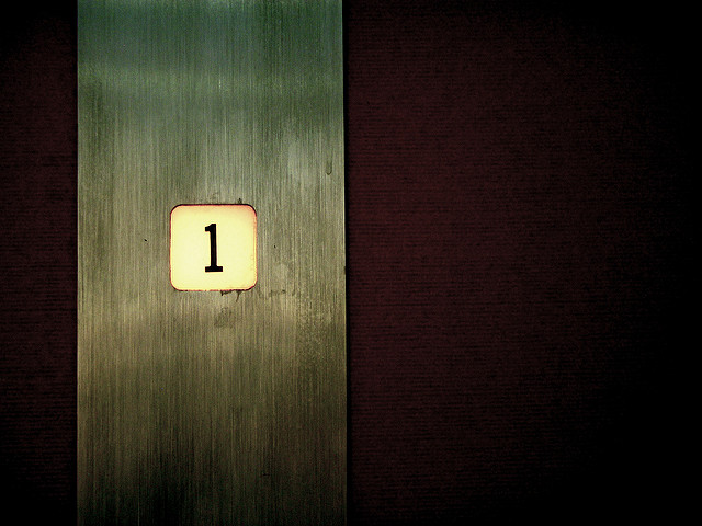 elevator outside with 1 lit up