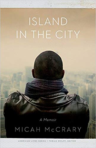 cover of island in the city; close up of back of african american male looking down to the city