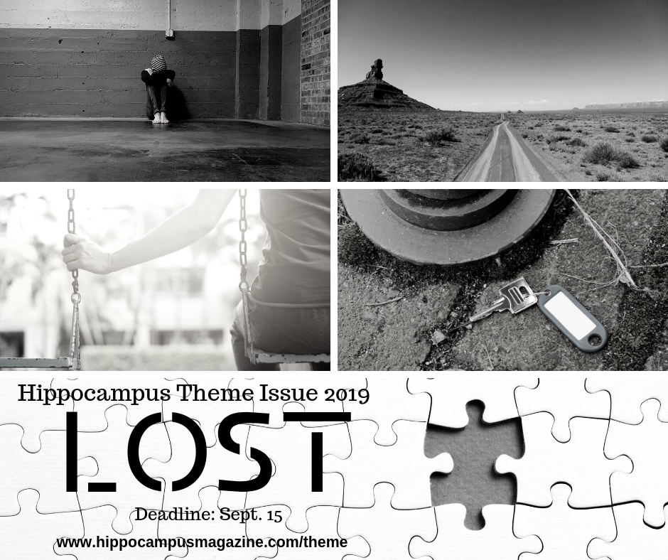 promo image for lost theme issue - deadline sept. 15, 2019, image collage includes desolate highway, empty swing, missing puzzle piece, lost key and lonely person with head down.