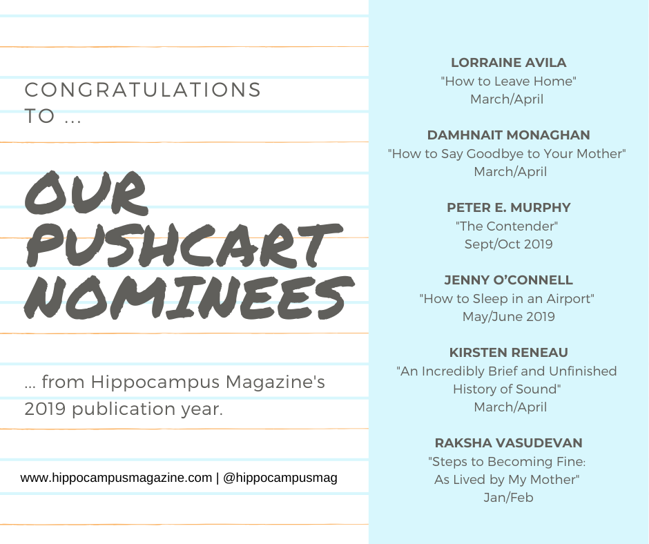 graphic of winners names: •	How to Leave Home (Lorraine Avila, March/April 2019) •	How to Say Goodbye to Your Mother (Damhnait Monagham, March/April 2019) •	The Contender (Peter E. Murphy, Sept/Oct 2019) •	How to Sleep in an Airport (Jenny O’Connell, May/June 2019) •	An Incredibly Brief and Unfinished History of Sound (Kirsten Reneau, March/April 2019) •	Steps to Becoming Fine: As Lived by My Mother (Raksha Vasudevan, Jan/Feb 2019)