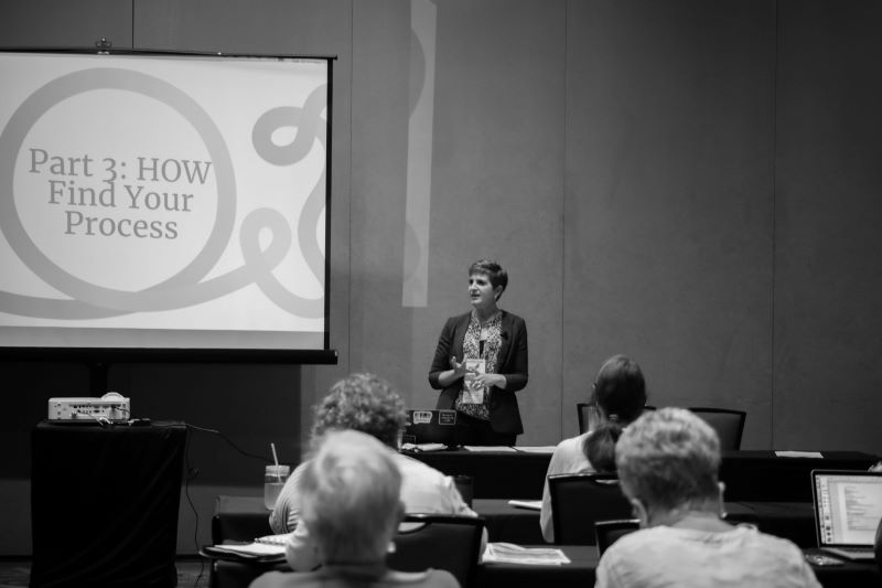 leanne sowul presenting at HippoCamp in conference room