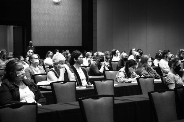 audience in conference room for marion winik's talk at HippoCamp