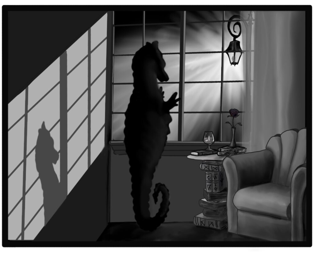 A seahorse looks out the window, wondering if he wants company or another book to read.