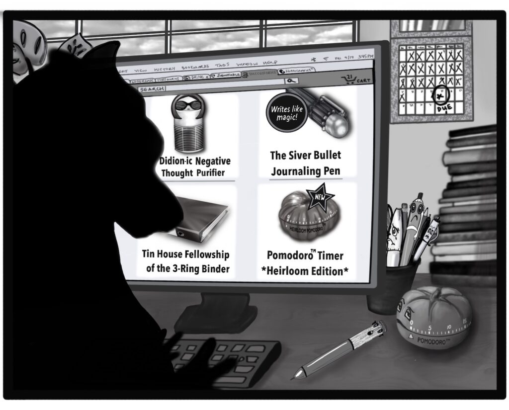 A procrastinating seahorse shops online for writing gifts hoping for a magical dose of motivation.