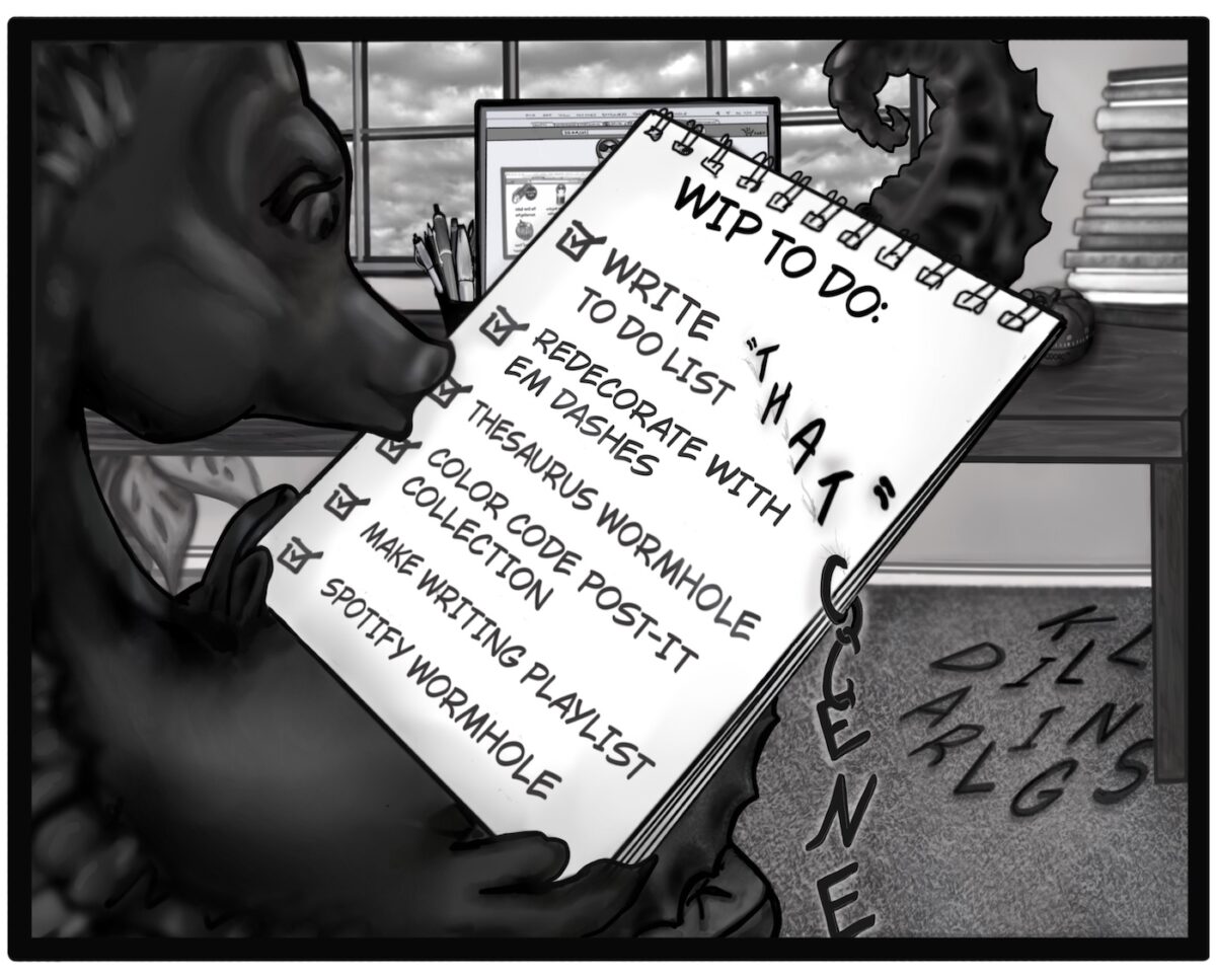 A seahorse character looks at his writing to do list.