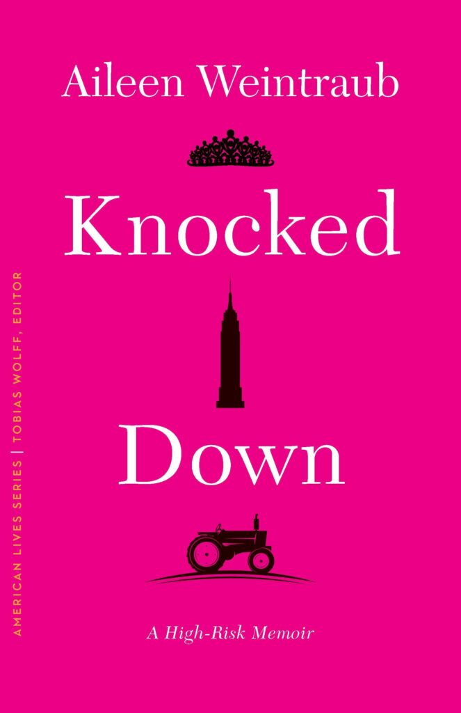 Hot pink cover of memoir KNowed Down with images of a tractor, skyscraper and farmhouse