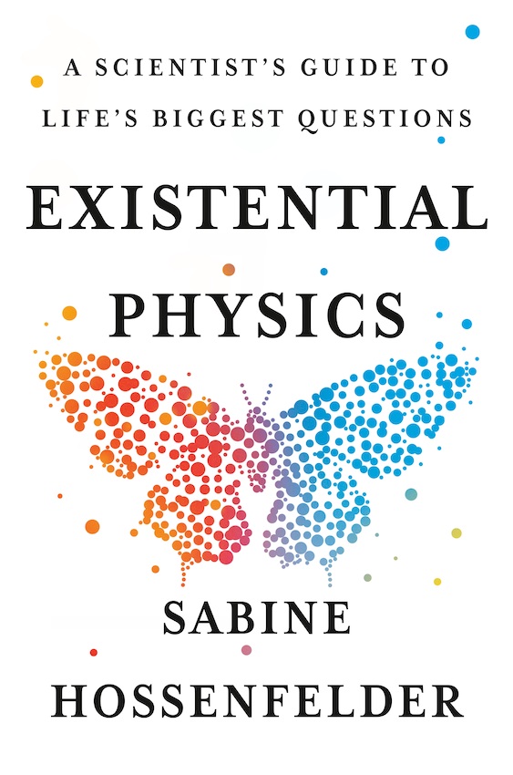 Book Cover: Existential Pics, depicting a butterfly made by colored dots: red on the left, changing to blue on the right.