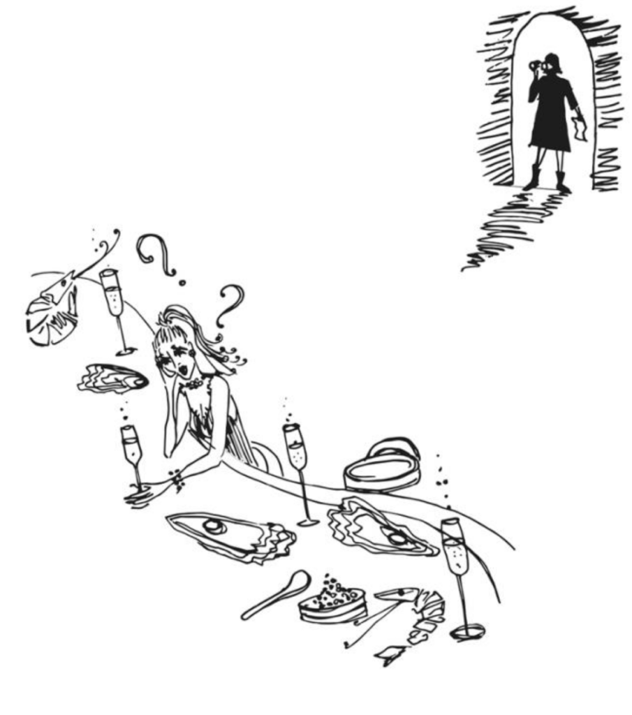 Drawing of a woman surrounded by question marks and empty glasses