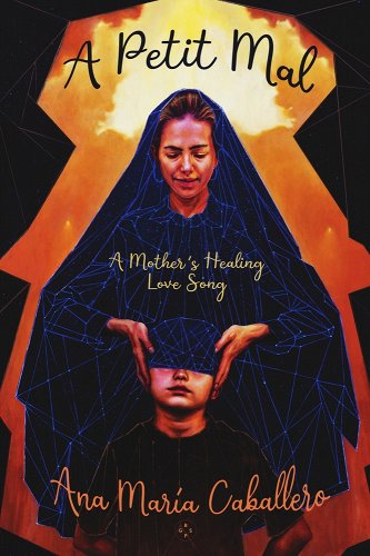 A woman wearing a dark veil is seen holding the sides of a child's head who stands in front of hr with his eyes covered.