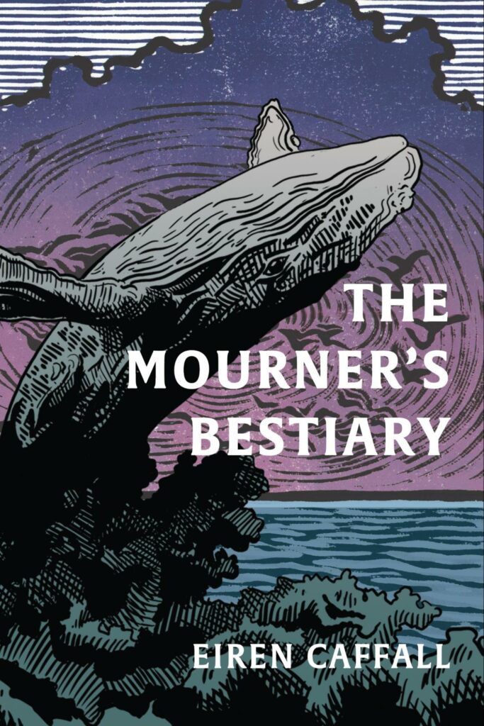 cover of the mourner's besitary by Eiren Caffal - illustration of whale flipping out of sea