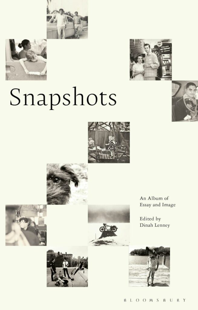 A close-up of a book cover, Snapshots, edited by Dinah Lenney - white background with older polaroids scattered