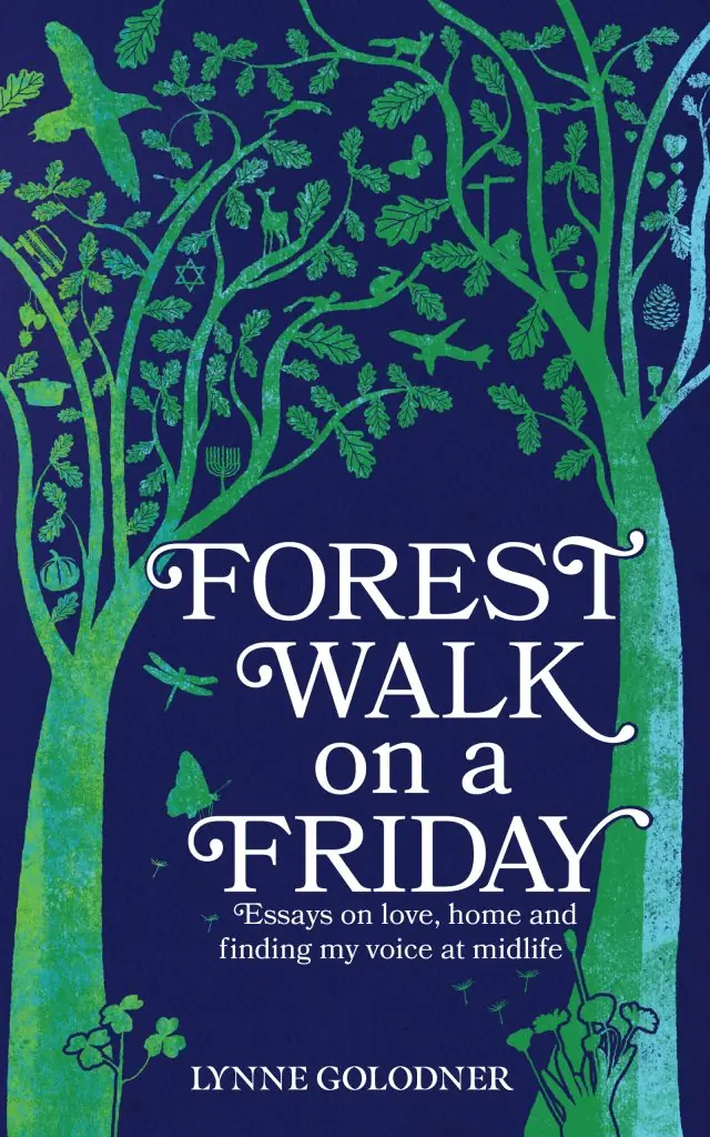 cover of forest walk on a friday by Lynne Golodner - image of green illustrated trees and leaves against a dark blue background