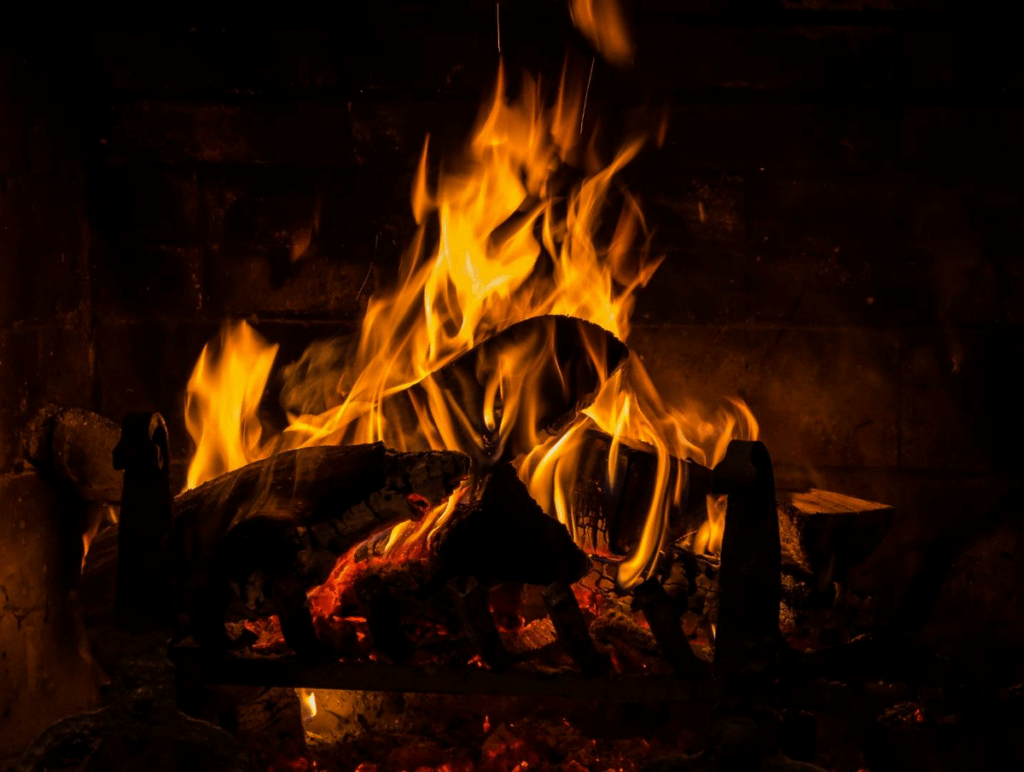 A fire burning in a fireplace