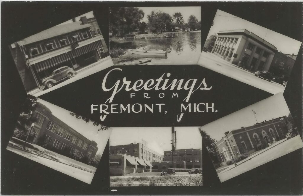 An older post card that says "Greetings from Fremont Michigan"