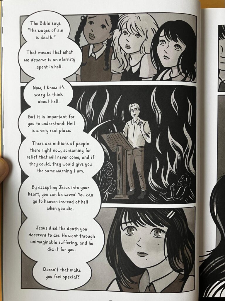 page from the graphic memoir everything in color where a youth pastor is still kids about eternity in hell