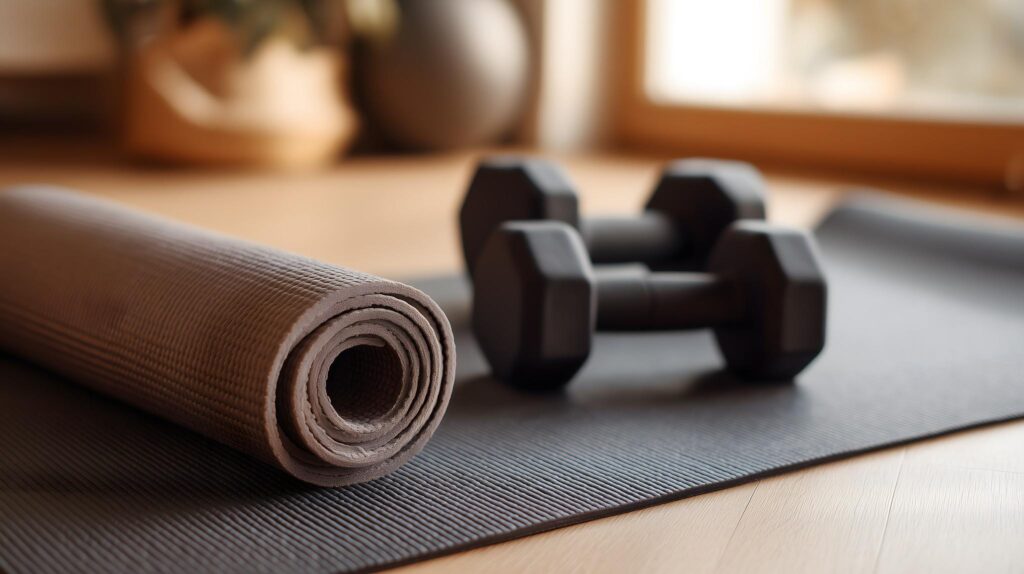 hand weights atop a yoga mat