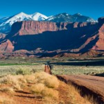 La Sal Mountains near Moab dirt road with mountains in distance