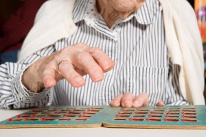 old woman with bingo card