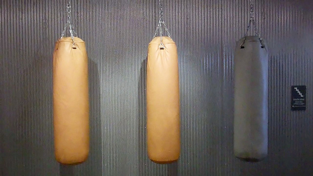 Three punching bags along an old wall