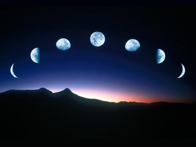 Different phases of the moon in the night sky