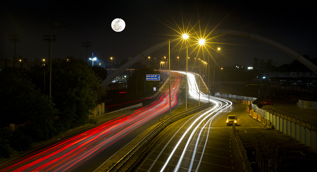 Highway in dehli at nights tailights glowing