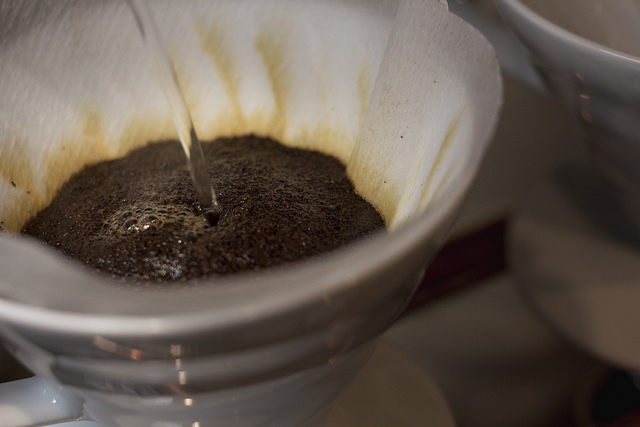 Pour over coffee close up shot of grounds and filter