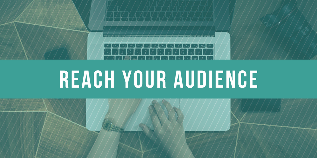 banner that says reach your audience overlaid on a picture of someone at laptopn