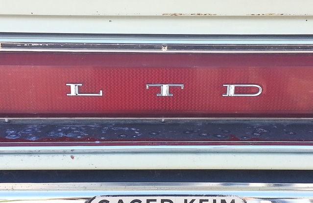 close up of LTD letters on bumper/taillight of old car