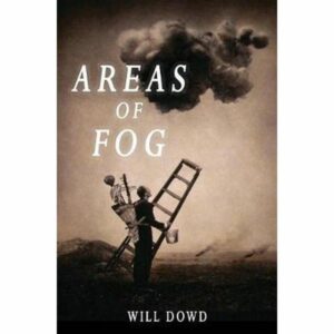 Areas of fog cover clouds in sky man with ladder and tools