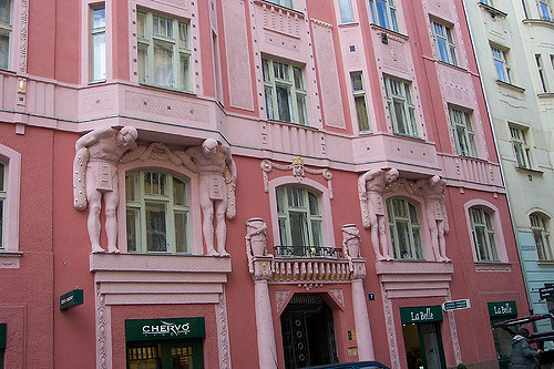 Pink apartment building in prague nice architectural detail