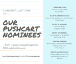 graphic of winners names: • How to Leave Home (Lorraine Avila, March/April 2019) • How to Say Goodbye to Your Mother (Damhnait Monagham, March/April 2019) • The Contender (Peter E. Murphy, Sept/Oct 2019) • How to Sleep in an Airport (Jenny O’Connell, May/June 2019) • An Incredibly Brief and Unfinished History of Sound (Kirsten Reneau, March/April 2019) • Steps to Becoming Fine: As Lived by My Mother (Raksha Vasudevan, Jan/Feb 2019)