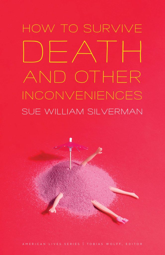 Cover of how to survive death illustration of body under pink sand with umbrella sticking out