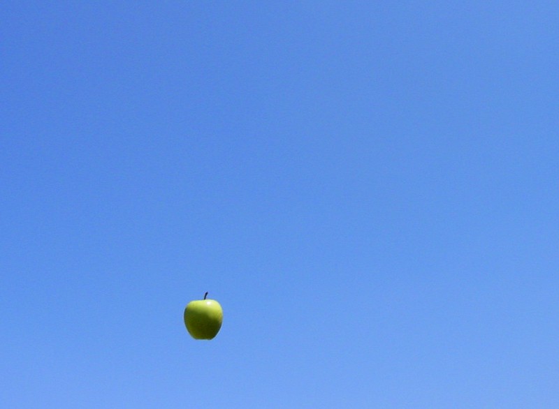 Apple falling from sky bright blue cloudless sky image a symbol of gravity pulling