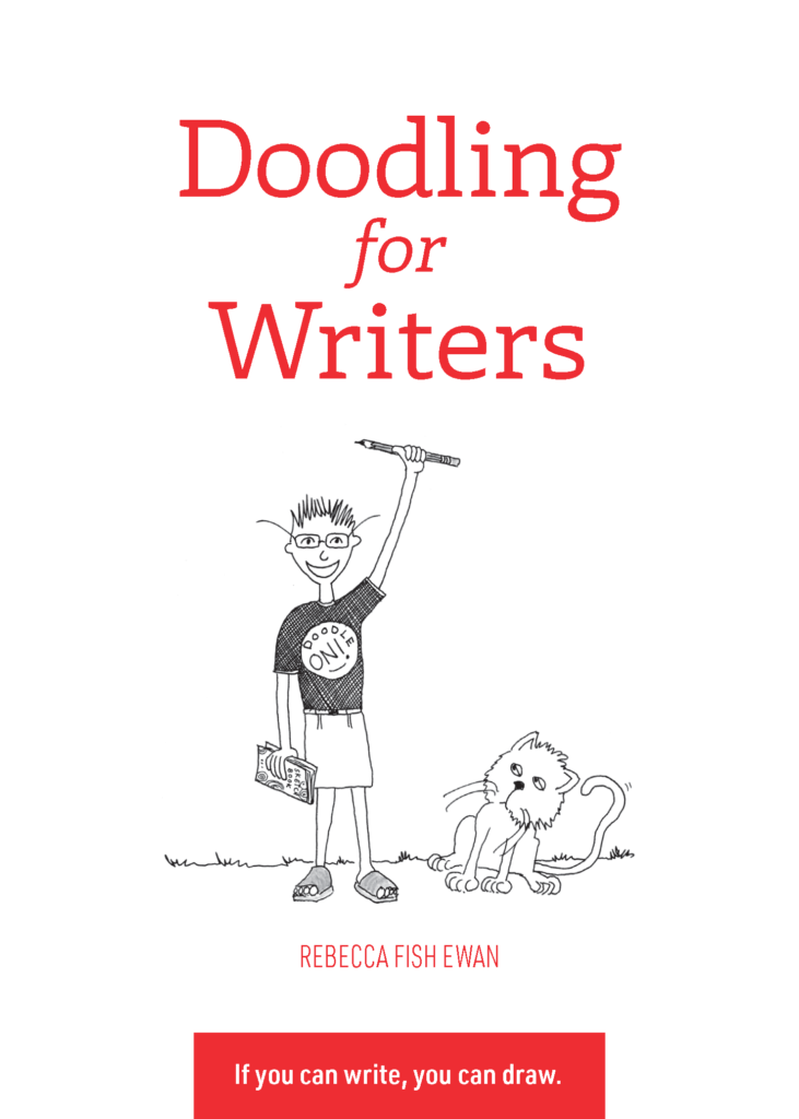 doodling for writers cover - author as cartoon holding up pencil and a cat giving her sideeye