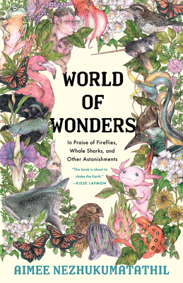 Cover of world of wonders book title and author name surrounded by colorful illustrations of plants and animals