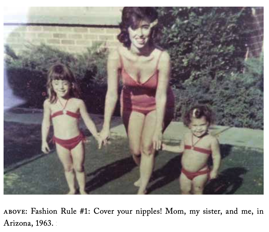 A woman in a red one piece bathing suit holding hands of two girls around 3 5 years old wearing tiny bikinis