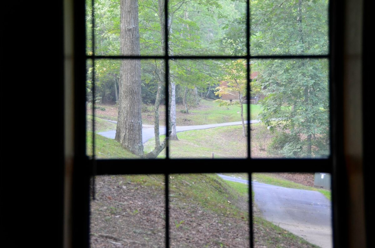 looking out paned window outside to a path