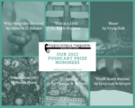collage with titles of our 2023 pushcart nominees, which include Why Deny the Obvious Child Camille U. Adams This is a Drill by Katie Burgess Mass by Craig Holt Decomposition by Sara Mann Unfolding by Dheepa R. Maturi Thrift Store Stories by Leighton Shreyer