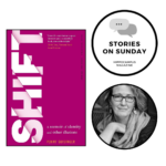 penny guisinger head shot and cover of her book, shift in which letters are distorted.