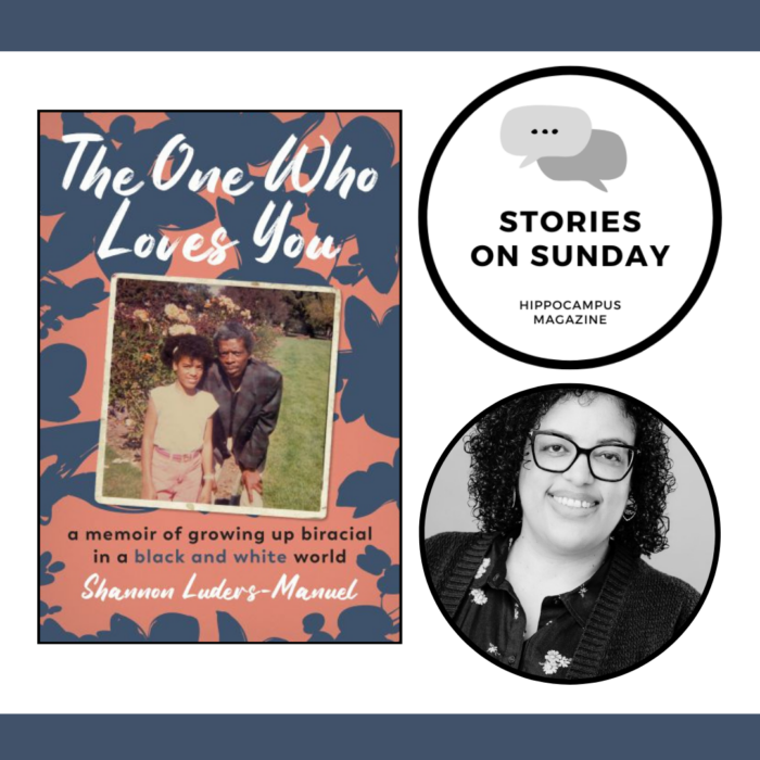 stories on sunday logo with shannon luders-manuel headshot and book cover, which has an image of her as a child with her father