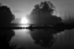 black and white image of marina on a misty night with trees