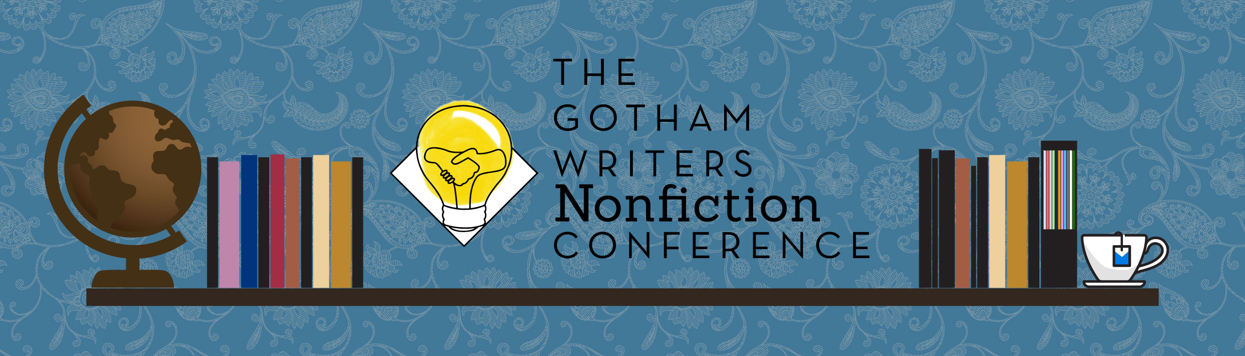 banner that says gotham writers nonfiction conference with globe and books