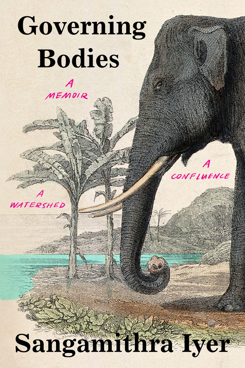 cover of Governing Bodies: A Memoir, a Confluence, a Watershed by Sangamirtha Iyer -- elephant head with tusks and palm trees, line drawing style