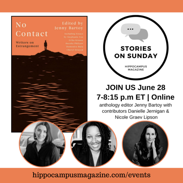 stories on sunday writers on estrangement sunday 6/28 graphic with cover and speaker headshots