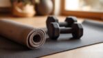 hand weights atop a yoga mat